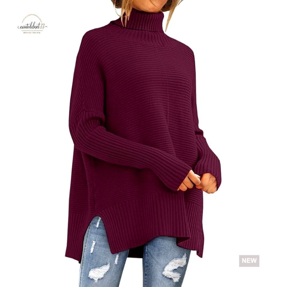 Oversized Turtleneck Sweater Batwing Sleeve Ribbed Tunic Pullover Winter